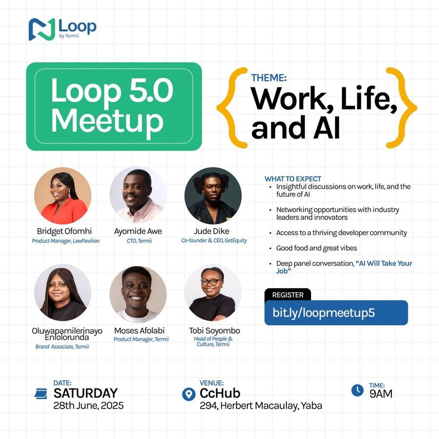 Loop 5.0 Meetup poster listing Moses Afolabi as a speaker